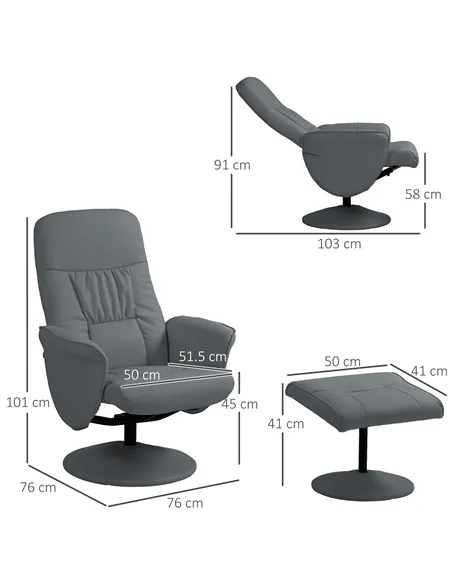 HOMCOM Swivel Recliner Chair with Footstool, PU Leather Armchair, Grey 833-694V72GY