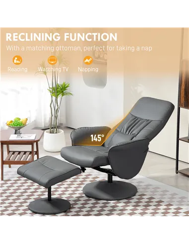 HOMCOM Swivel Recliner Chair with Footstool, PU Leather Armchair, Grey 833-694V72GY