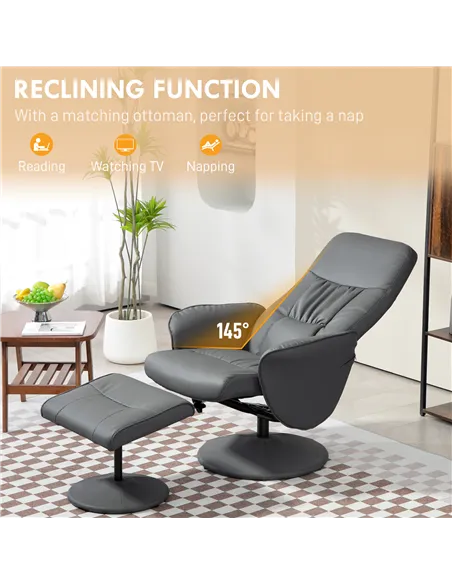 HOMCOM Swivel Recliner Chair with Footstool, PU Leather Armchair, Grey 833-694V72GY