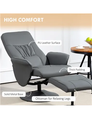 HOMCOM Swivel Recliner Chair with Footstool, PU Leather Armchair, Grey 833-694V72GY