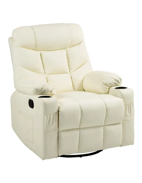 HOMCOM Manual Reclining Chair, Recliner Armchair with Swivel, Faux Leather, Footrest, Cup Holders, 86x93x102cm, Cream