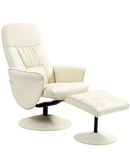 HOMCOM Swivel Recliner Chair with Footstool, PU Leather Armchair and Ottoman with High Back and Round Base for Living Room, Crea