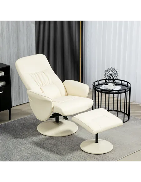HOMCOM Swivel Recliner Chair with Footstool, PU Leather Armchair and Ottoman, Cream White 833-694V72CW