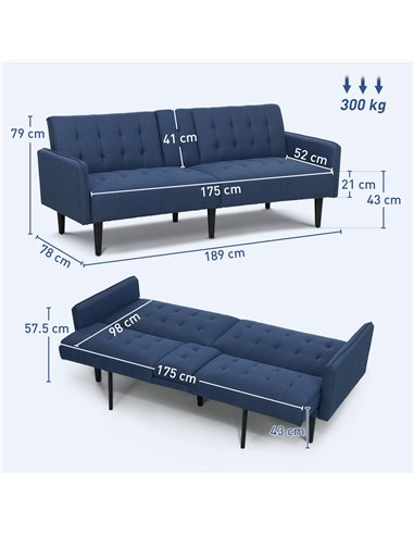 HOMCOM Three-Seater Sofa Bed, with Cupholders - Dark Blue