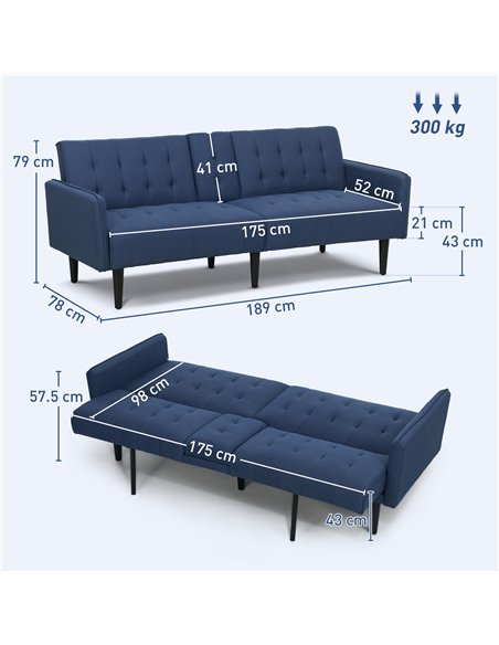 HOMCOM Three-Seater Sofa Bed, with Cupholders - Dark Blue