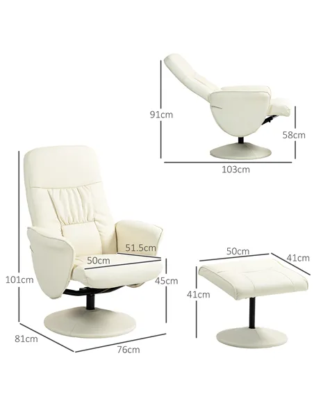 HOMCOM Swivel Recliner Chair with Footstool, PU Leather Armchair and Ottoman, Cream White 833-694V72CW