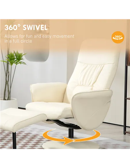 HOMCOM Swivel Recliner Chair with Footstool, PU Leather Armchair and Ottoman, Cream White 833-694V72CW