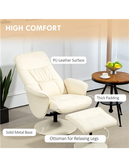 HOMCOM Swivel Recliner Chair with Footstool, PU Leather Armchair and Ottoman, Cream White 833-694V72CW