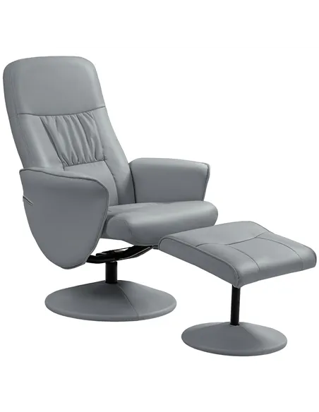 HOMCOM Swivel Recliner Chair with Footstool, PU Leather Armchair and Ottoman with High Back and Round Base for Living Room, Ligh