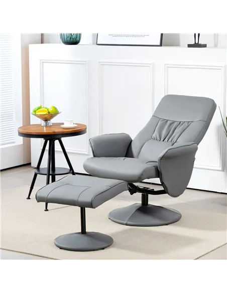 HOMCOM Swivel Recliner Chair with Footstool, PU Leather Armchair, Light Grey 833-694V72LG