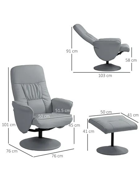 HOMCOM Swivel Recliner Chair with Footstool, PU Leather Armchair, Light Grey 833-694V72LG