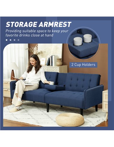 HOMCOM Three-Seater Sofa Bed, with Cupholders - Dark Blue