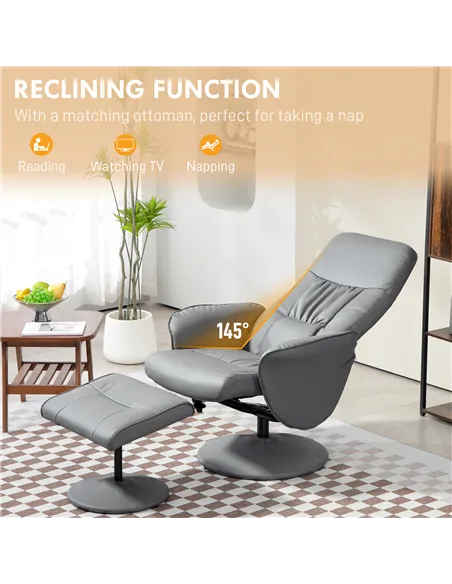 HOMCOM Swivel Recliner Chair with Footstool, PU Leather Armchair, Light Grey 833-694V72LG