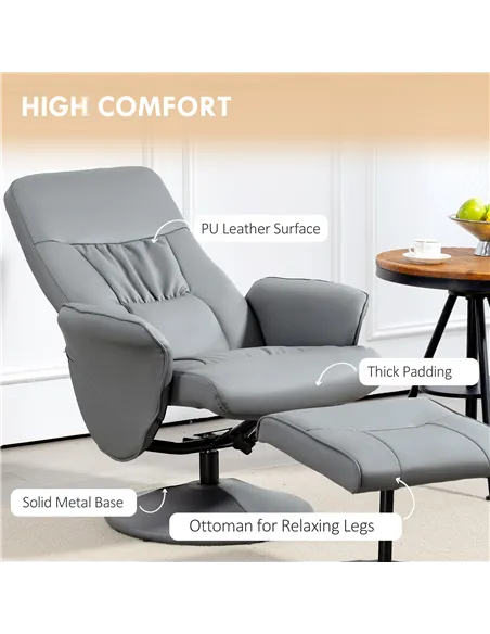 HOMCOM Swivel Recliner Chair with Footstool, PU Leather Armchair, Light Grey 833-694V72LG