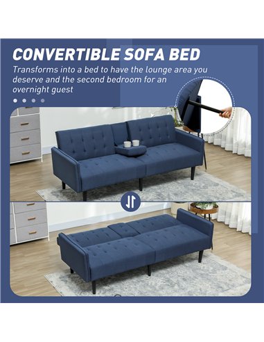 HOMCOM Three-Seater Sofa Bed, with Cupholders - Dark Blue