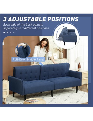 HOMCOM Three-Seater Sofa Bed, with Cupholders - Dark Blue