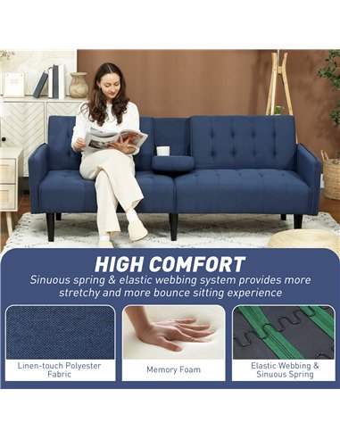 HOMCOM Three-Seater Sofa Bed, with Cupholders - Dark Blue