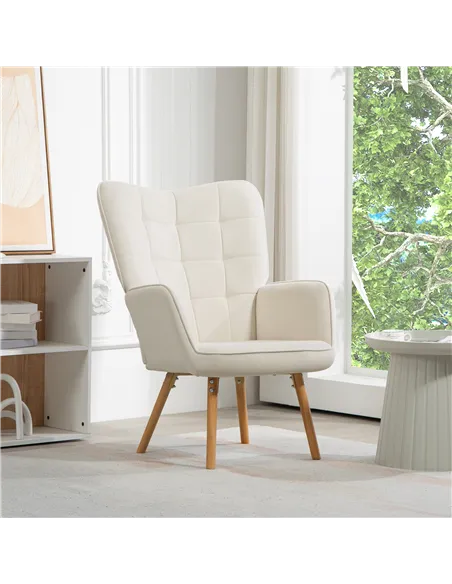 HOMCOM Modern Accent Chair Velvet-Touch Tufted Wingback Armchair, Cream White 839-132V70CW