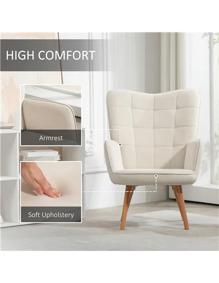 HOMCOM Modern Accent Chair Velvet-Touch Tufted Wingback Armchair, Cream White 839-132V70CW