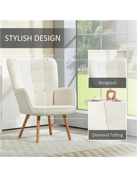 HOMCOM Modern Accent Chair Velvet-Touch Tufted Wingback Armchair, Cream White 839-132V70CW