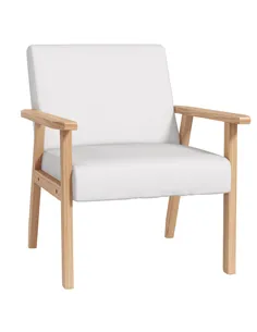 HOMCOM Accent Chair Wood Frame with Thick Linen Cushions Wide Seat Armchair Home Furniture Bedroom Office Cream White