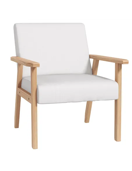 HOMCOM Accent Chair Wood Frame with Thick Linen Cushions Wide Seat Armchair Home Furniture Bedroom Office Cream White