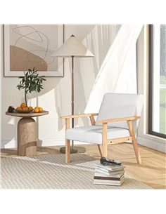 HOMCOM Accent Chair Wood Frame with Thick Linen Cushions Wide Seat Armchair Home Furniture Bedroom Office Cream White 2