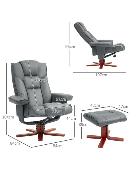 HOMCOM Faux Leather Manual Recliner and Footstool Set - Grey 83B-031V71GY
