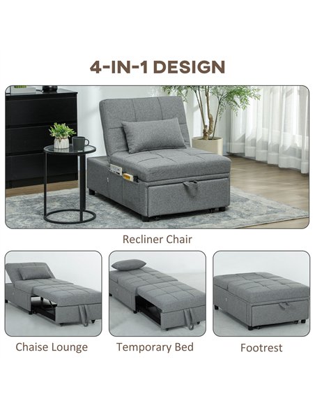 HOMCOM Four-In-One Single Sleeper Chair - Dark Grey