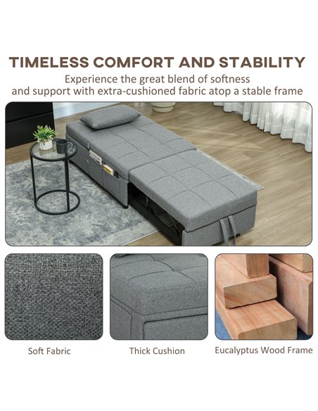 HOMCOM Four-In-One Single Sleeper Chair - Dark Grey