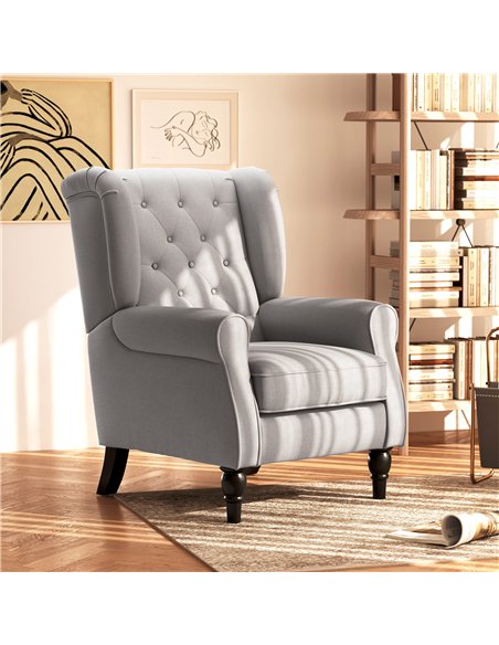HOMCOM Retro Accent Chair, Wingback Armchair with Wood Frame Button Tufted Design for Living Room Bedroom, Grey