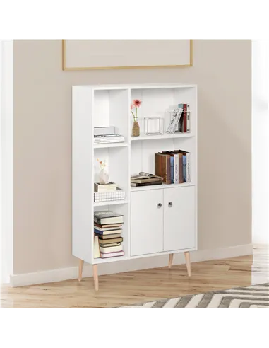HOMCOM Sideboard Storage Cabinet Cupboard, Open Bookcase with 2 Doors 5 Compartments Wooden Modern Style for Living Room Bedroom