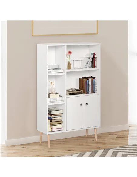 HOMCOM Sideboard Storage Cabinet Cupboard, Open Bookcase with 2 Doors 5 Compartments Wooden Modern Style for Living Room Bedroom