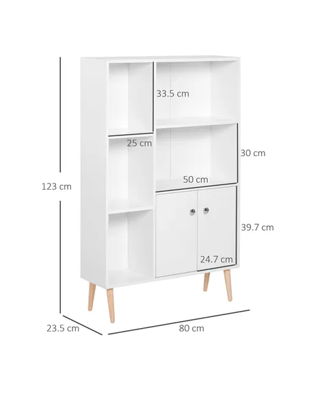 HOMCOM Sideboard Storage Cabinet Cupboard, Open Bookcase with 2 Doors 5 Compartments Wooden Modern Style for Living Room Bedroom