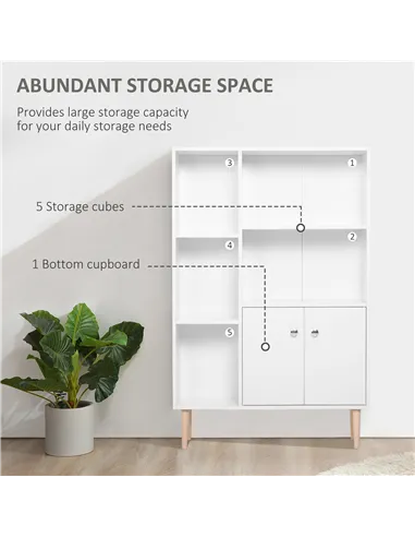 HOMCOM Sideboard Storage Cabinet Cupboard, Open Bookcase with 2 Doors 5 Compartments Wooden Modern Style for Living Room Bedroom