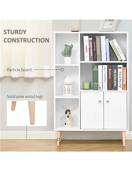 HOMCOM Sideboard Storage Cabinet Cupboard, Open Bookcase with 2 Doors 5 Compartments Wooden Modern Style for Living Room Bedroom