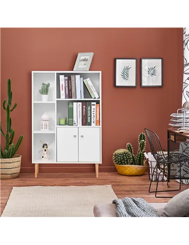 HOMCOM Sideboard Storage Cabinet Cupboard, Open Bookcase with 2 Doors 5 Compartments Wooden Modern Style for Living Room Bedroom