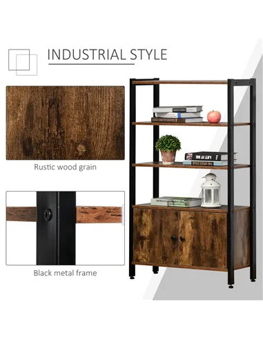 HOMCOM Industrial Bookshelf, Storage Cabinet with 3-Tier with Doors, for Home Office, Living Room Rustic Brown