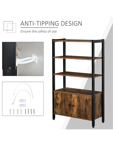 HOMCOM Industrial Bookshelf, Storage Cabinet with 3-Tier with Doors, for Home Office, Living Room Rustic Brown