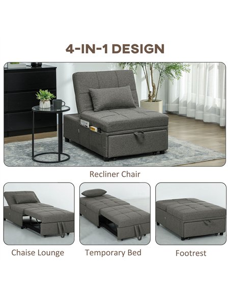 HOMCOM Four-In-One Single Sleeper Chair - Dark Grey