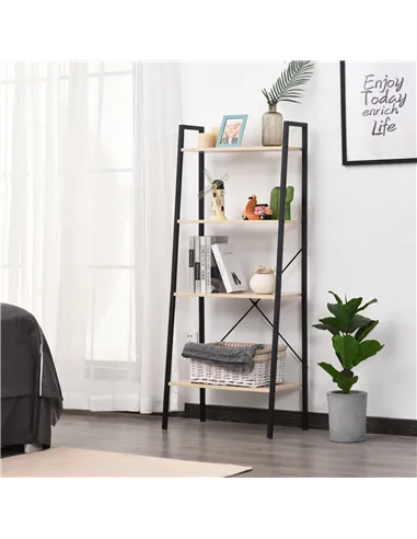 HOMCOM Ladder Shelf, Bookshelf, 4-Tier Industrial Storage Rack for Living Room, Bedroom, Kitchen, Oak and Black