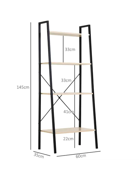 HOMCOM Ladder Shelf, Bookshelf, 4-Tier Industrial Storage Rack for Living Room, Bedroom, Kitchen, Oak and Black
