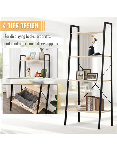 HOMCOM Ladder Shelf, Bookshelf, 4-Tier Industrial Storage Rack for Living Room, Bedroom, Kitchen, Oak and Black