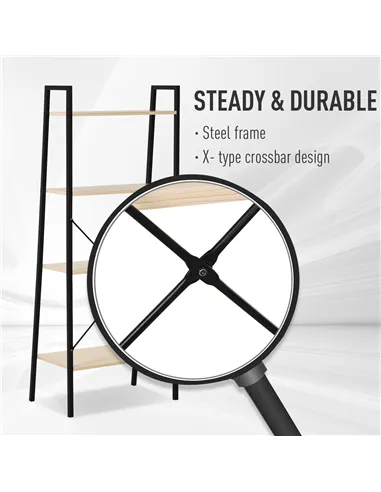 HOMCOM Ladder Shelf, Bookshelf, 4-Tier Industrial Storage Rack for Living Room, Bedroom, Kitchen, Oak and Black