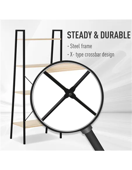 HOMCOM Ladder Shelf, Bookshelf, 4-Tier Industrial Storage Rack for Living Room, Bedroom, Kitchen, Oak and Black