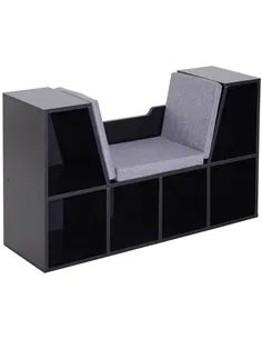 HOMCOM Bookcase Storage Shelf with Cushioned Reading Seat, Cube Bookshelf Organizer for Bedroom Living Room, Black