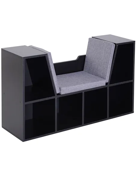 HOMCOM Bookcase Storage Shelf with Cushioned Reading Seat, Cube Bookshelf Organizer for Bedroom Living Room, Black