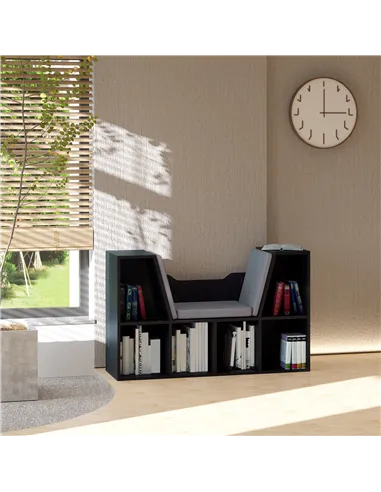 HOMCOM Bookcase Storage Shelf with Cushioned Reading Seat, Cube Bookshelf Organizer for Bedroom Living Room, Black
