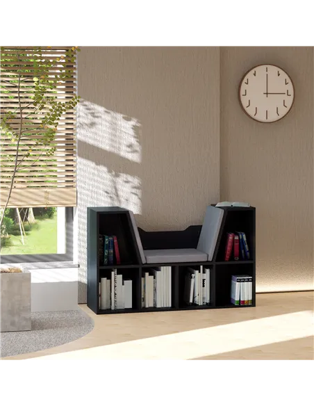 HOMCOM Bookcase Storage Shelf with Cushioned Reading Seat, Cube Bookshelf Organizer for Bedroom Living Room, Black