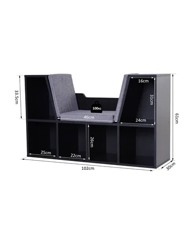 HOMCOM Bookcase Storage Shelf with Cushioned Reading Seat, Cube Bookshelf Organizer for Bedroom Living Room, Black